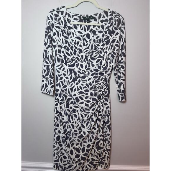 Lauren Ralph Lauren Surplice Dress Women Size 6 Black White V Neck Faux Wrap - Picture 1 of 9